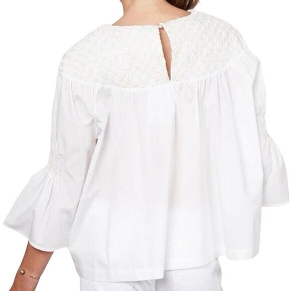 MERLETTE Opheis White Tonal Cream/Ivory Embroidery Smocked Blouse Sz Extra Small - Picture 4 of 10